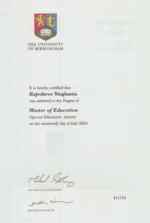 Certificate in Master of Education(The University of Birmingham)